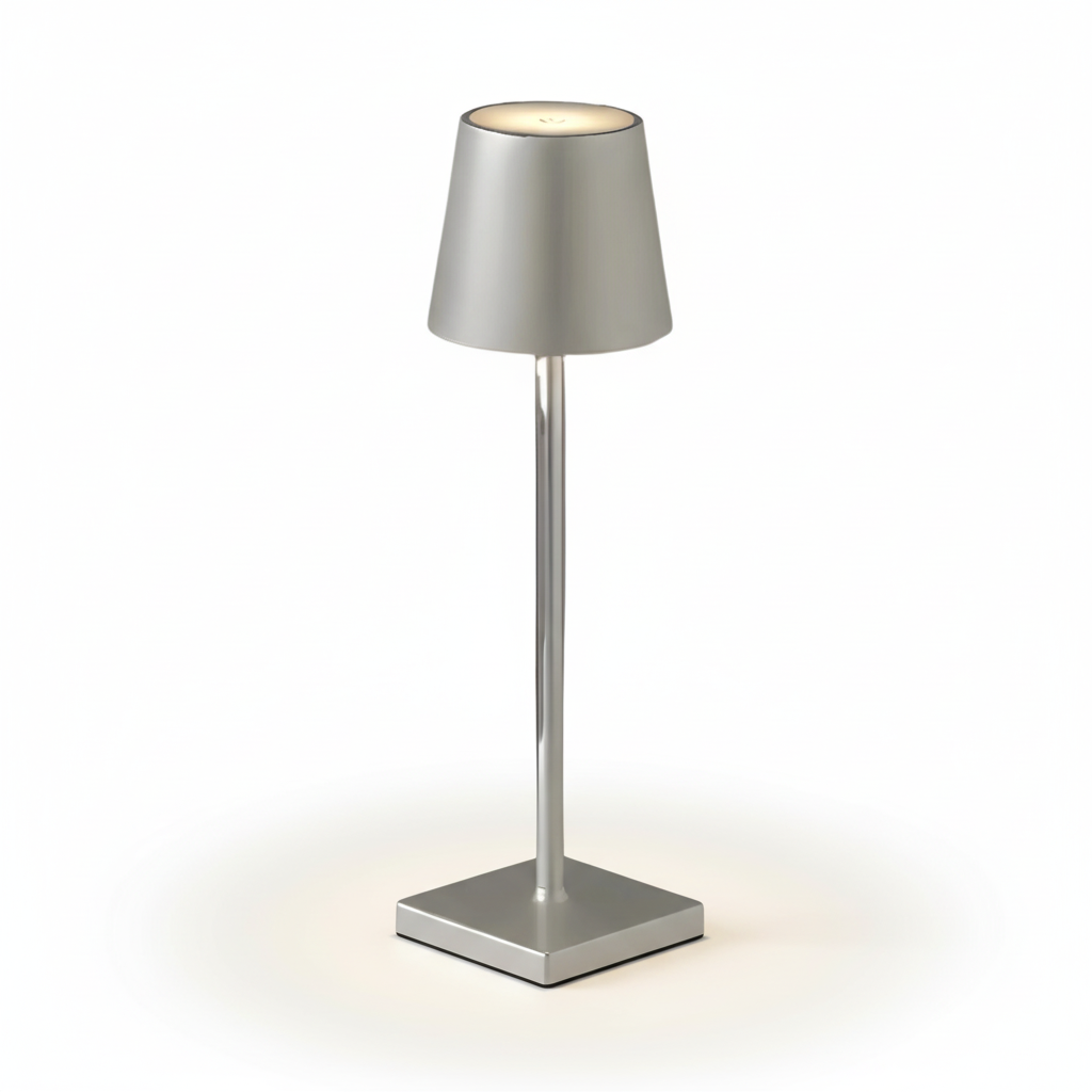 Silver table lamp with a white shade on a white background