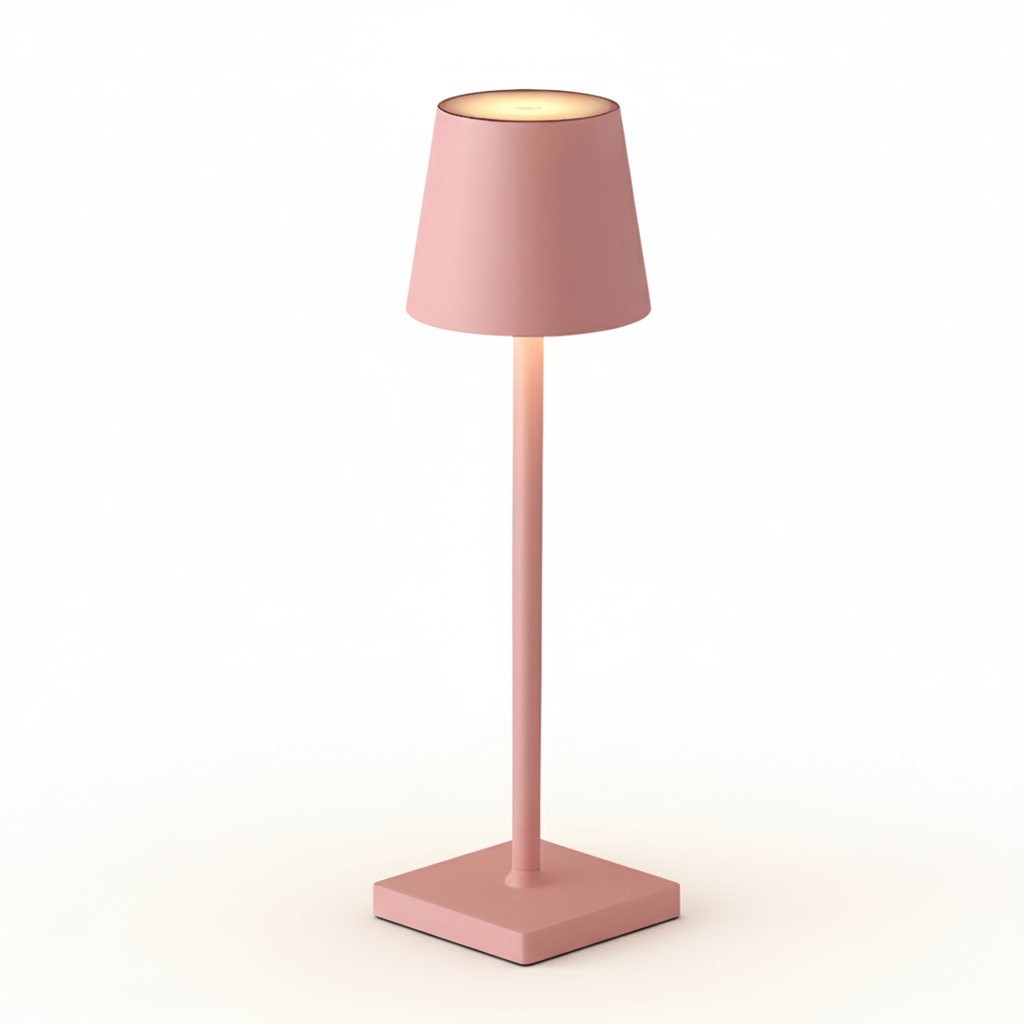 Pink table lamp with a square base on a white background
