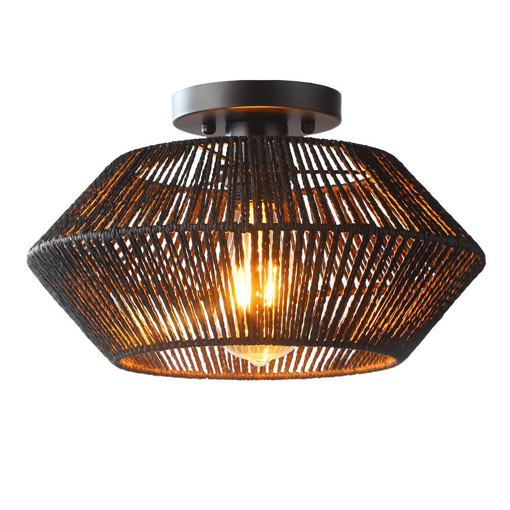 Ceiling light fixture with woven design on a white background