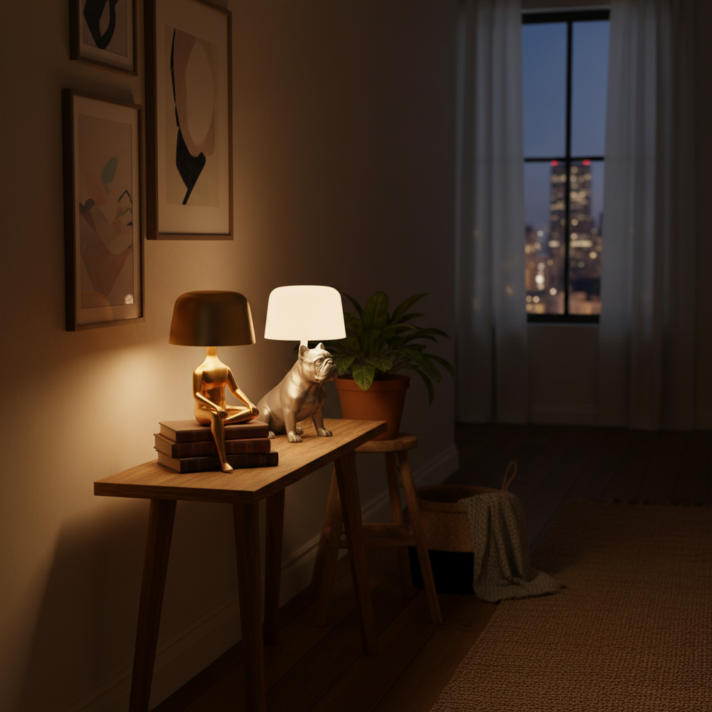 Nestled corner of a room with a wooden table, lamp, and decorative items against a window view.