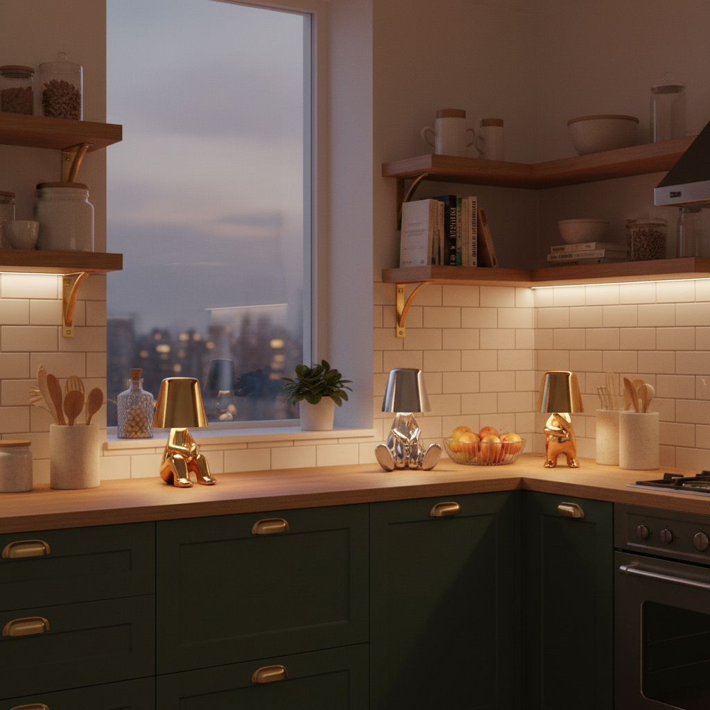 Modern kitchen with wooden countertops and a window view of a cityscape at dusk.