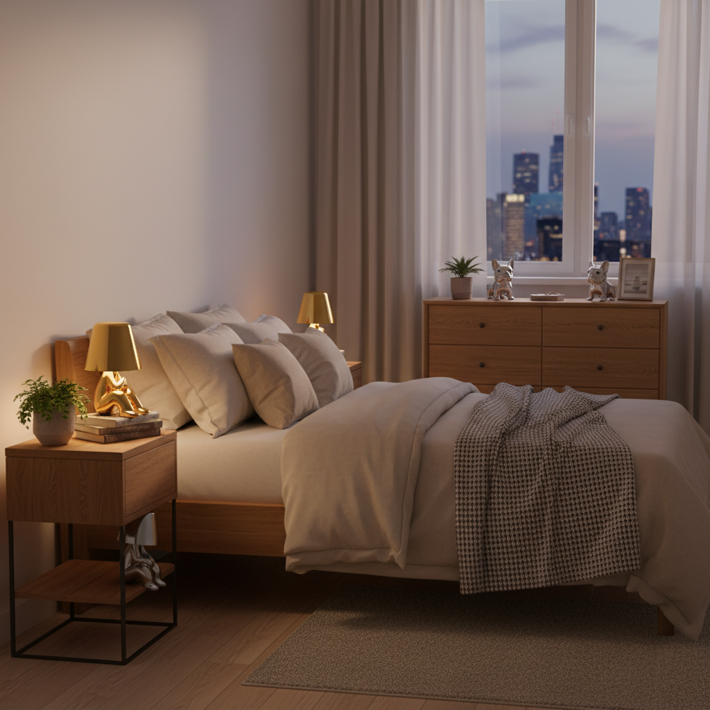 Modern bedroom with bed, nightstands, and city view