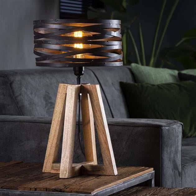 Table Lamp | Twisted Metal Shade Industrial Wooden Design