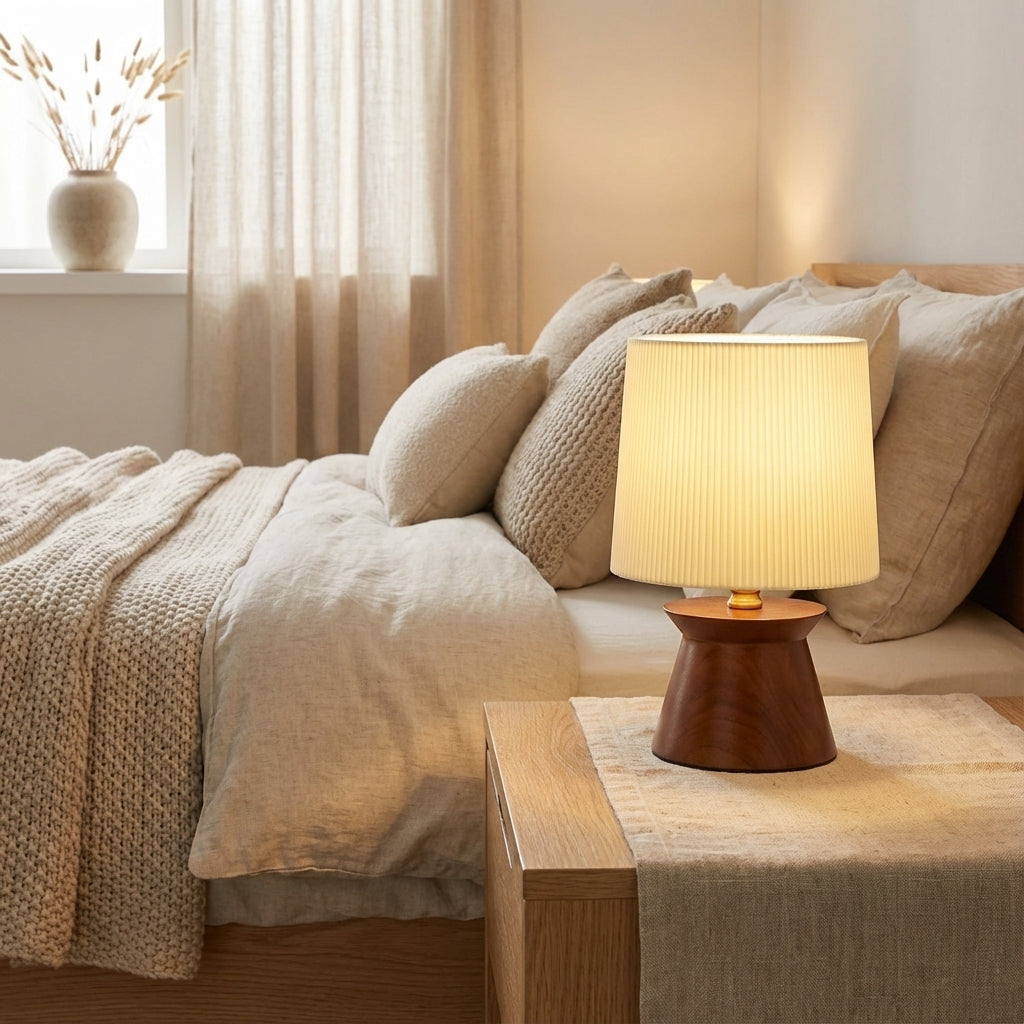 Retro Wood Striped Bedside Table Lamp | Minimalist Cozy Bedroom Light