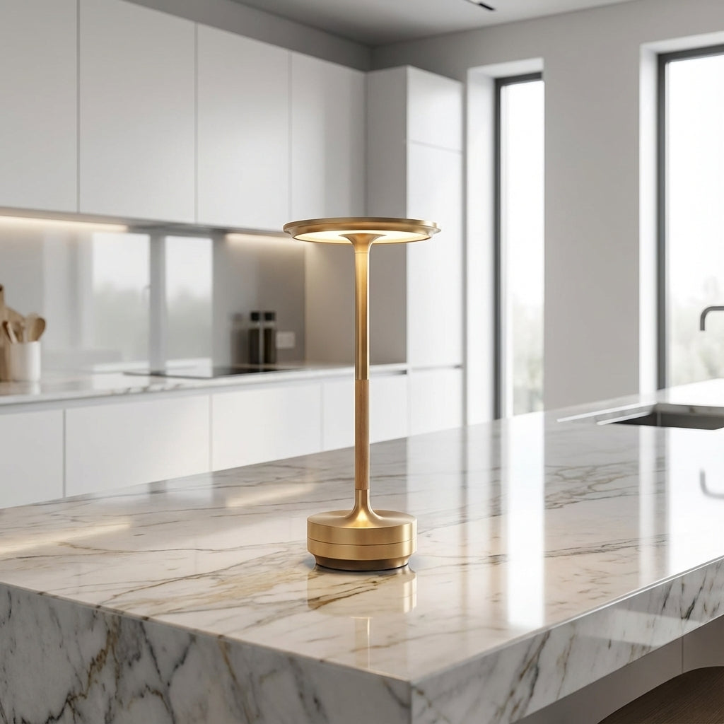 Gold lamp on a marble kitchen counter with a modern kitchen in the background